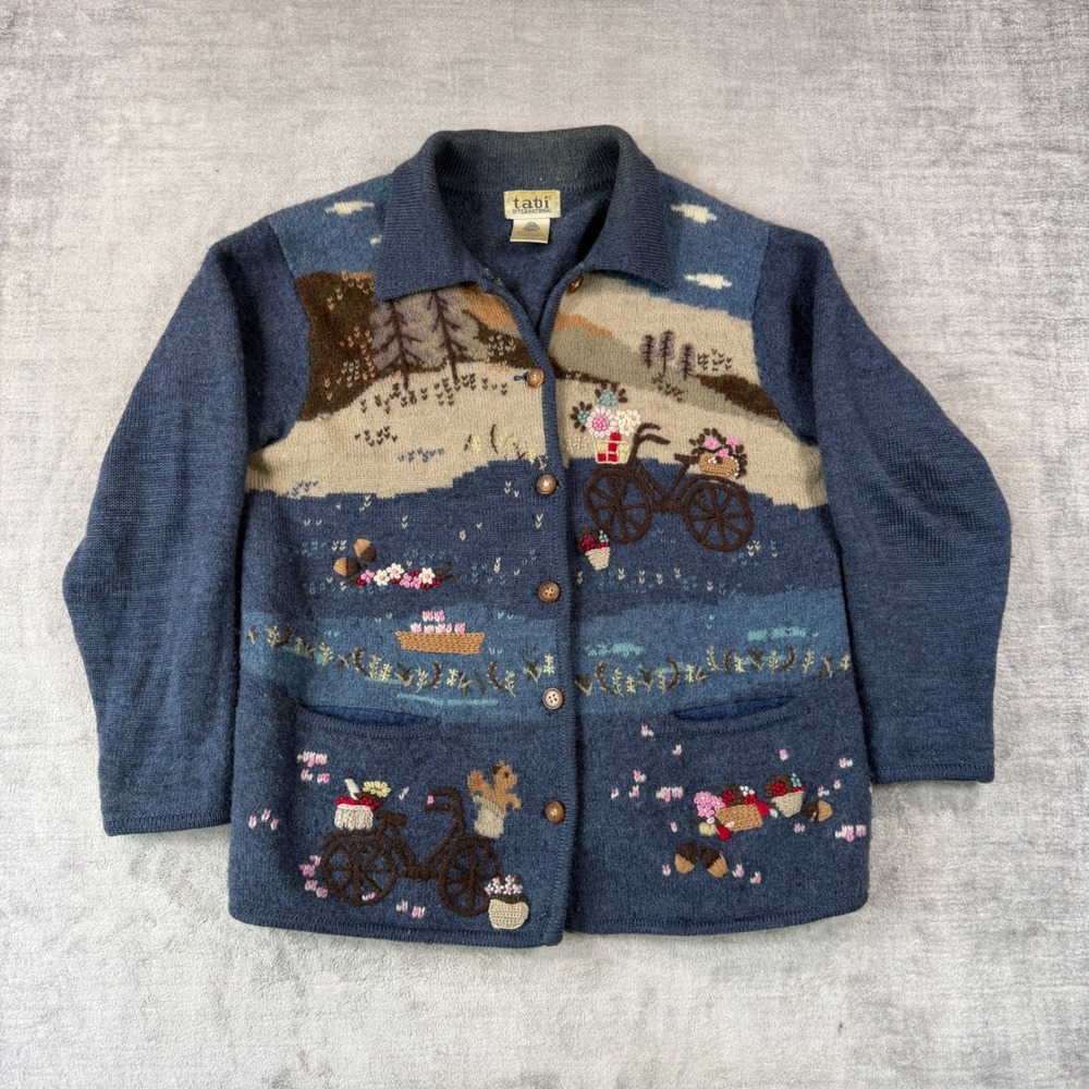 Vintage Wool Cardigan Womens Medium Blue Nature Scenic Bicycle Cottage